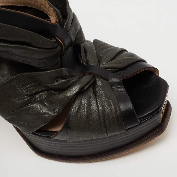 Pre Owned Fendi Black Pleated Leather Peep Toe Ankle Booties Size 38