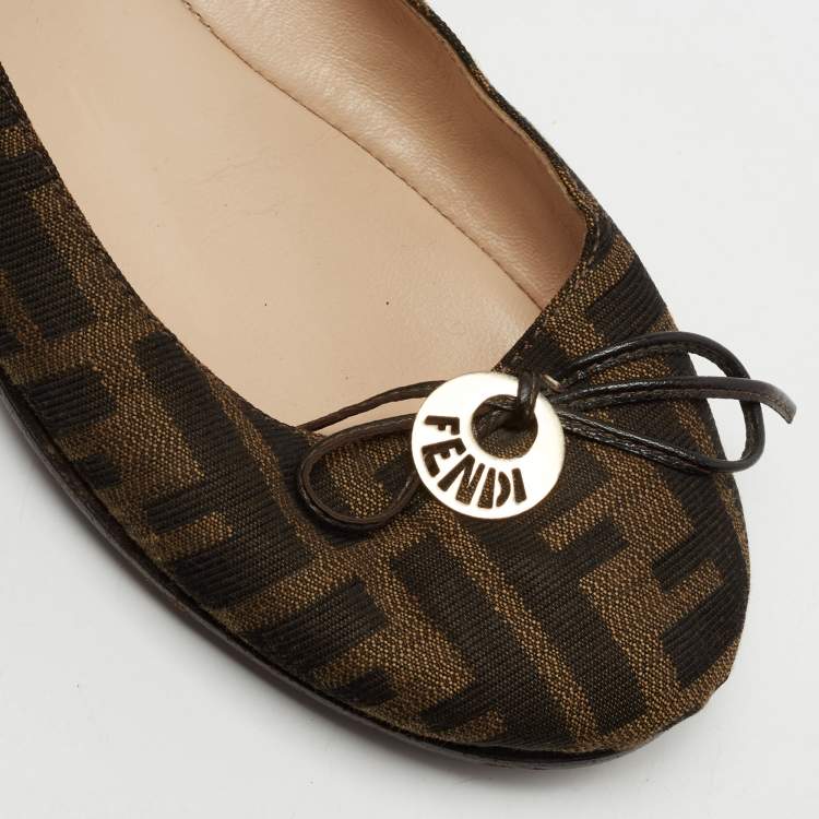 Pre Owned Fendi Brown Zucca Canvas Logo Bow Ballet Flats Size 39