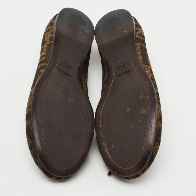 Pre Owned Fendi Brown Zucca Canvas Logo Bow Ballet Flats Size 39