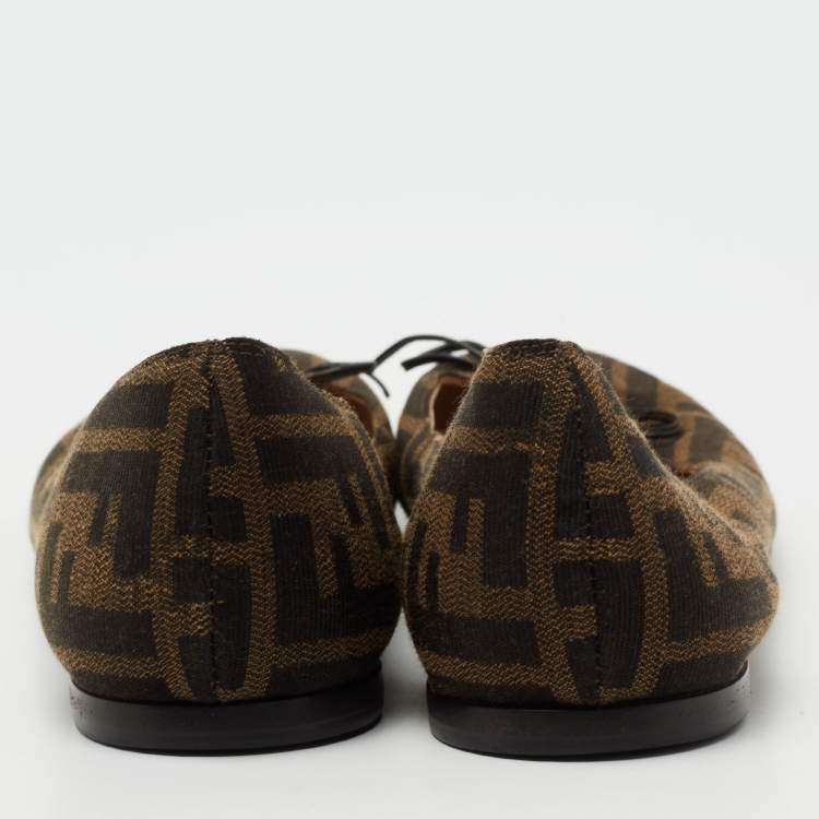 Pre Owned Fendi Brown Zucca Canvas Logo Bow Ballet Flats Size 39