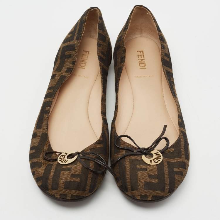 Pre Owned Fendi Brown Zucca Canvas Logo Bow Ballet Flats Size 39