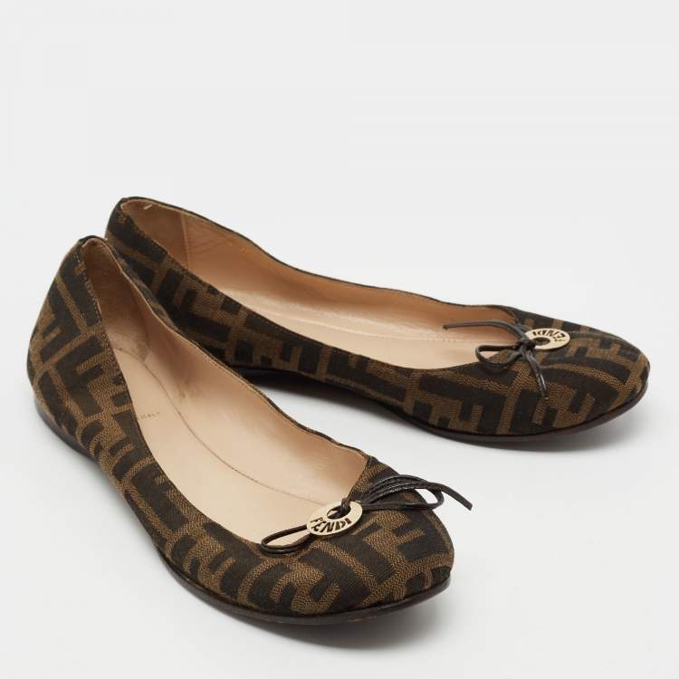Pre Owned Fendi Brown Zucca Canvas Logo Bow Ballet Flats Size 39