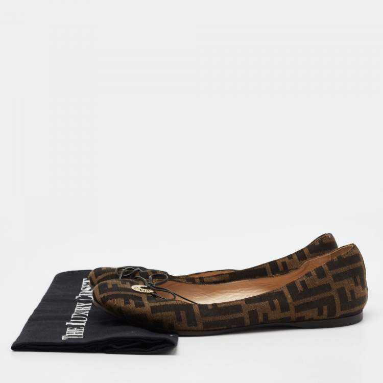 Pre Owned Fendi Brown Zucca Canvas Logo Bow Ballet Flats Size 39