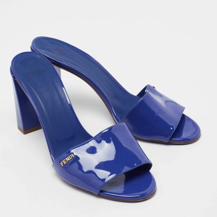 Pre Owned Fendi Blue Patent Leather Block Heel Slides Size 39