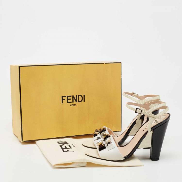 Pre Owned Fendi Tricolor Lizard Embossed And  Leather Fantasia Studded Ankle Strap Sandals Size 39