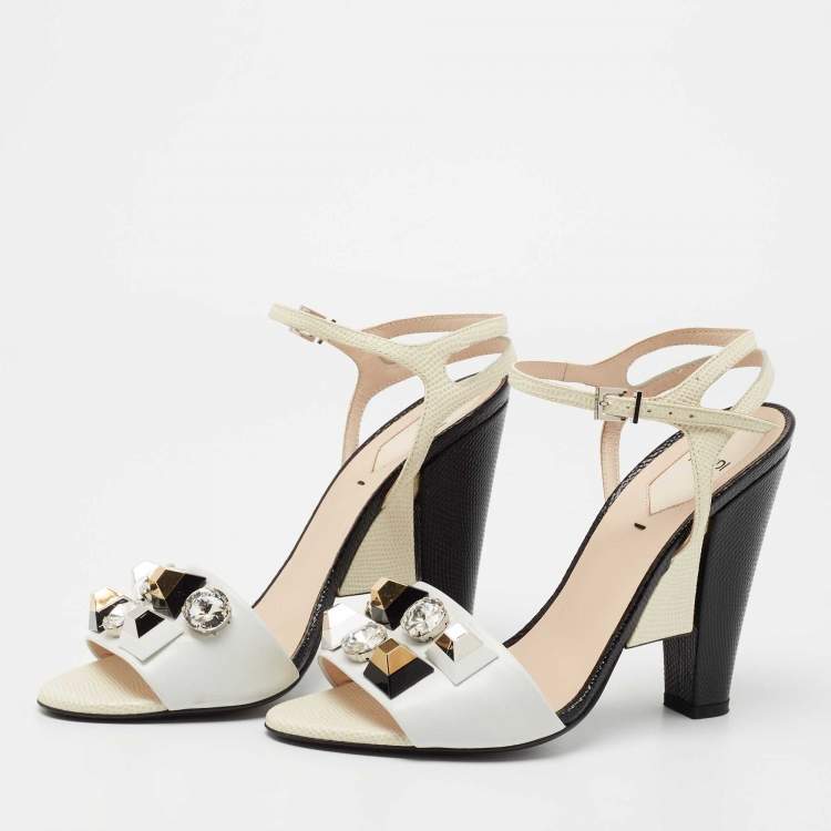 Pre Owned Fendi Tricolor Lizard Embossed And  Leather Fantasia Studded Ankle Strap Sandals Size 39