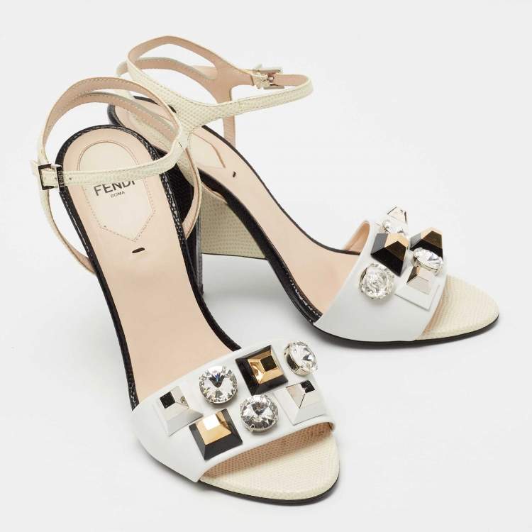 Pre Owned Fendi Tricolor Lizard Embossed And  Leather Fantasia Studded Ankle Strap Sandals Size 39