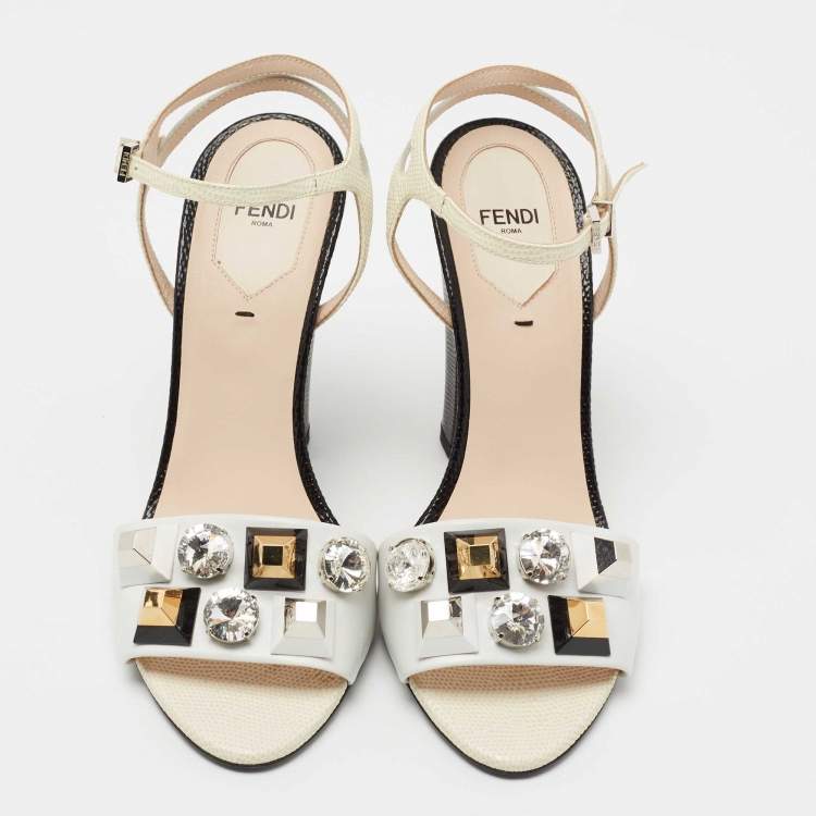 Pre Owned Fendi Tricolor Lizard Embossed And  Leather Fantasia Studded Ankle Strap Sandals Size 39