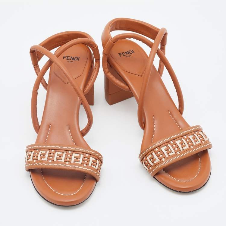 Pre Owned Fendi Brown/Cream Leather Ankle Strap Sandals Size 38