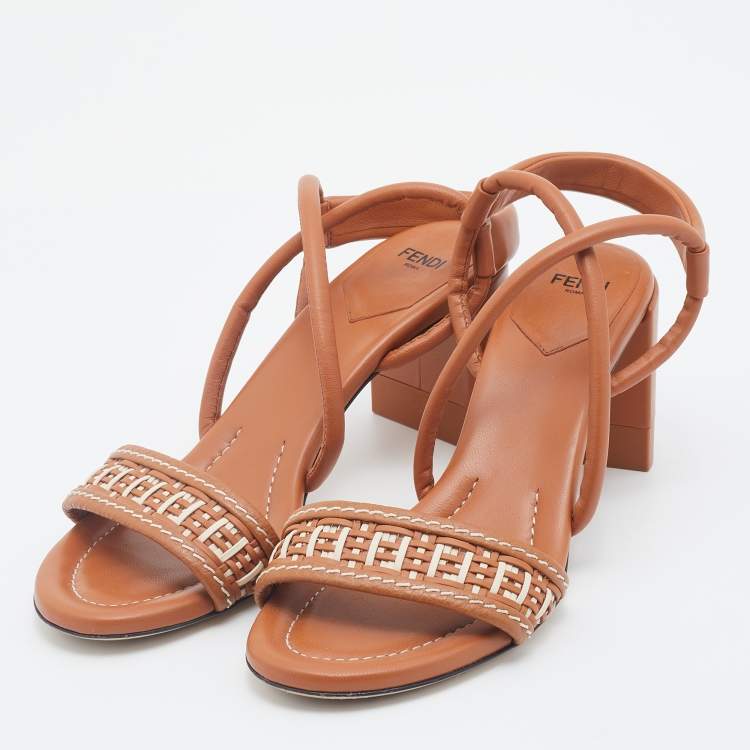 Pre Owned Fendi Brown/Cream Leather Ankle Strap Sandals Size 38