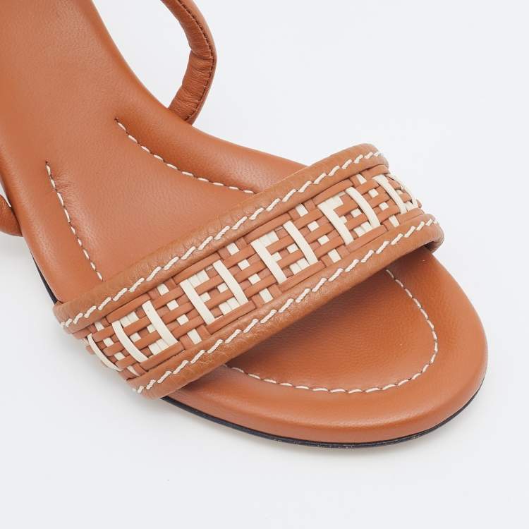 Pre Owned Fendi Brown/Cream Leather Ankle Strap Sandals Size 38