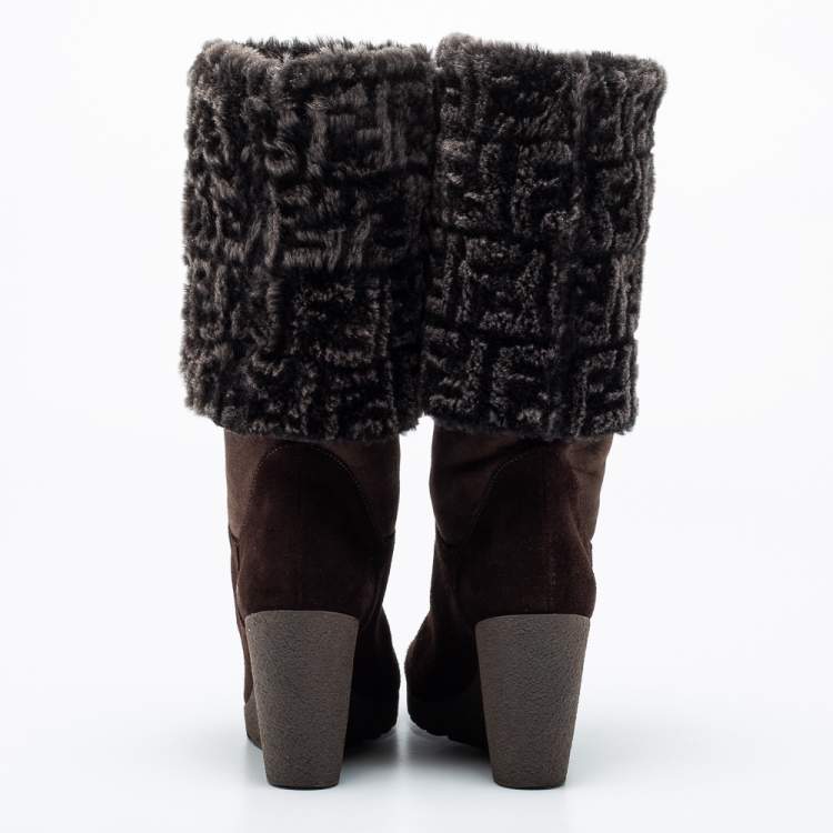 Pre Owned Fendi Dark Brown Suede And FF Fur Calf Length Wedge Boots Size 36