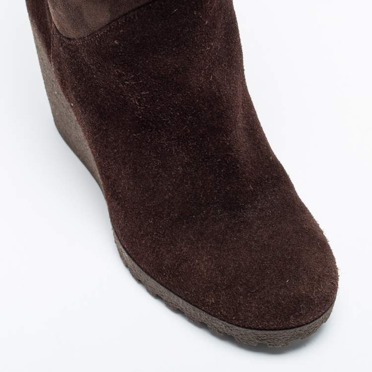 Pre Owned Fendi Dark Brown Suede And FF Fur Calf Length Wedge Boots Size 36