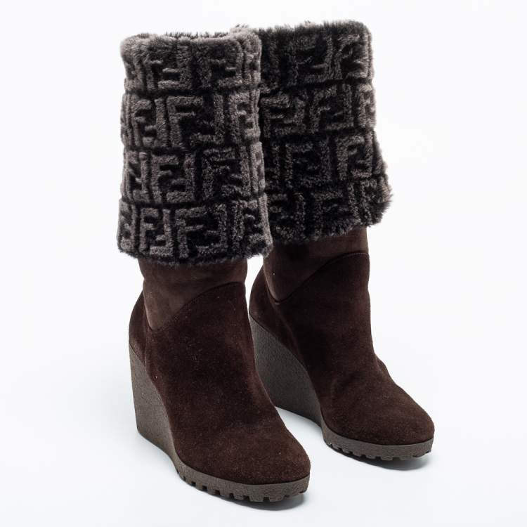 Pre Owned Fendi Dark Brown Suede And FF Fur Calf Length Wedge Boots Size 36