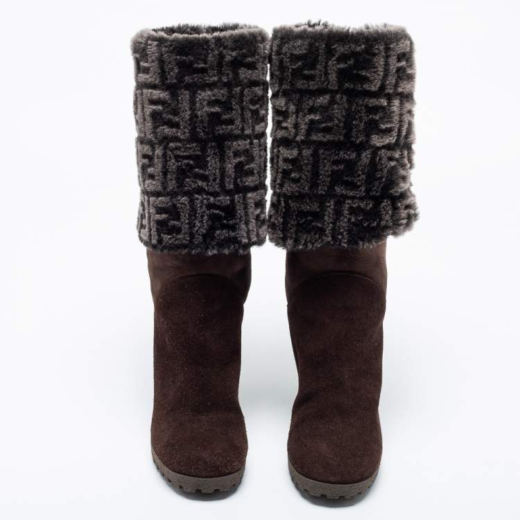 Pre Owned Fendi Dark Brown Suede And FF Fur Calf Length Wedge Boots Size 36