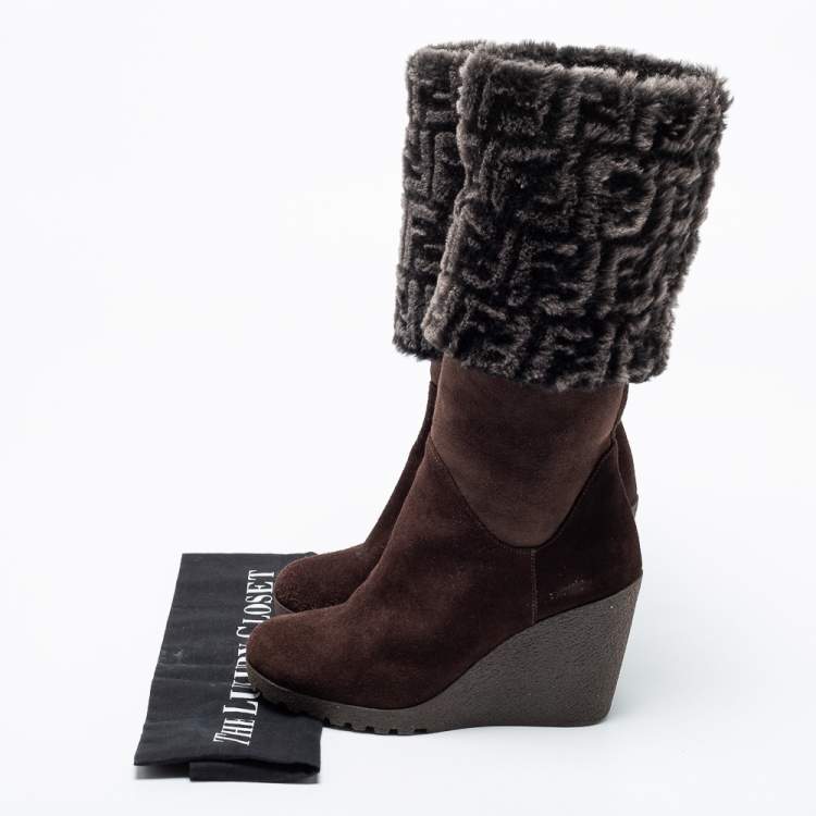 Pre Owned Fendi Dark Brown Suede And FF Fur Calf Length Wedge Boots Size 36