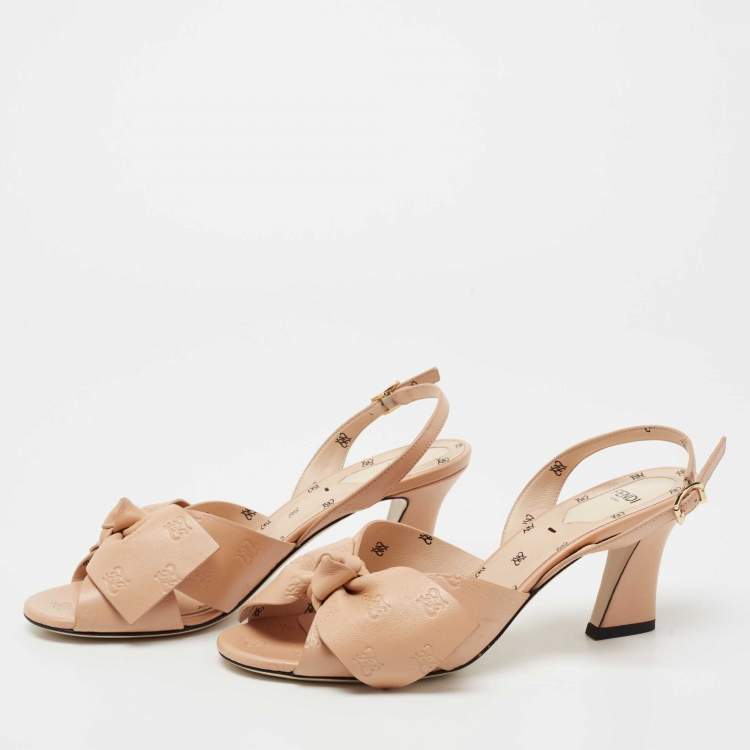 Pre Owned Fendi Beige Leather FF Karligraphy Bow Slingback Sandals Size 38
