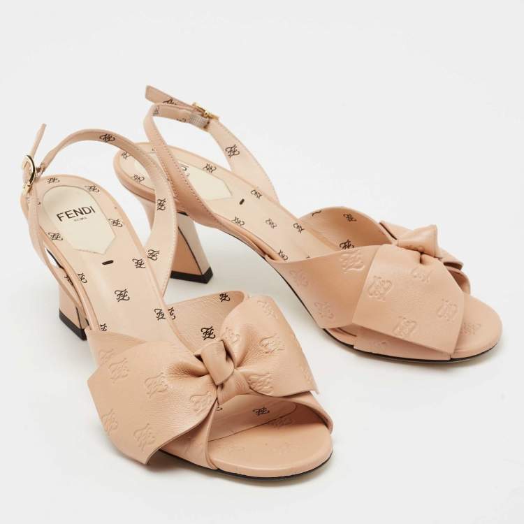 Pre Owned Fendi Beige Leather FF Karligraphy Bow Slingback Sandals Size 38