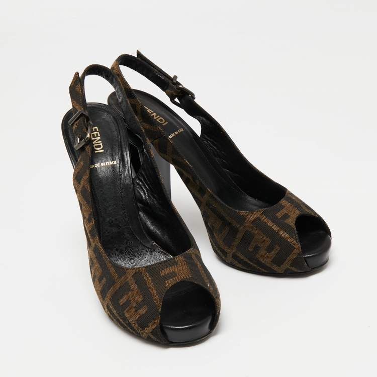 Pre Owned Fendi Two-Tone Zucca Canvas Peep Toe Slingback Sandals Size 39