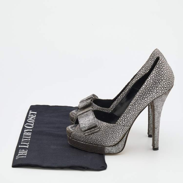 Pre Owned Fendi Silver/Grey Brocade Fabric And Leather Bow Open Toe Platform Pumps Size 38
