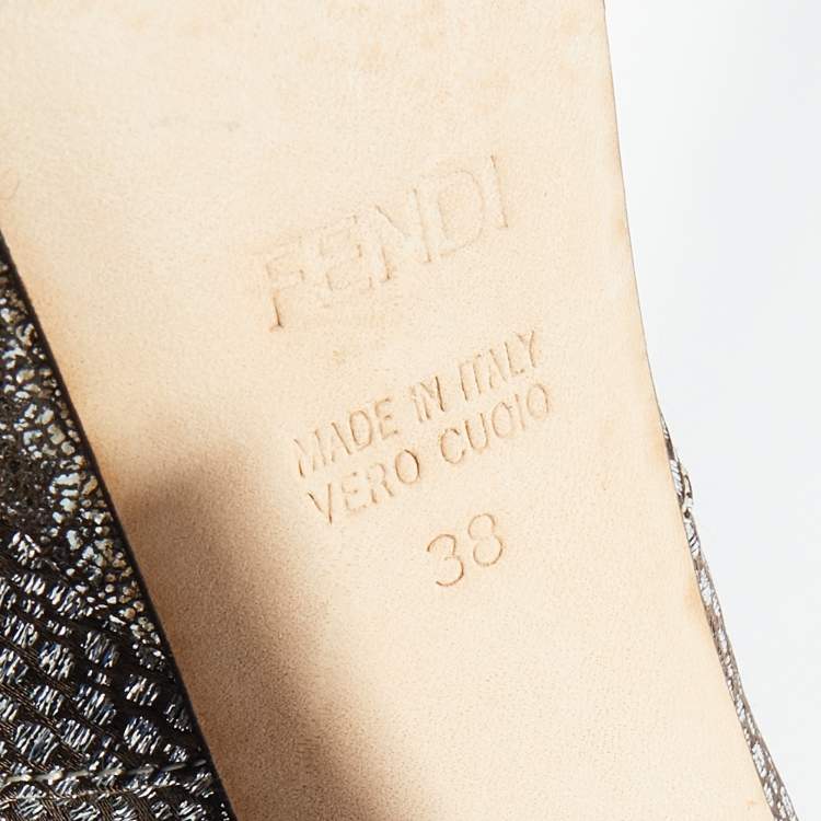 Pre Owned Fendi Silver/Grey Brocade Fabric And Leather Bow Open Toe Platform Pumps Size 38
