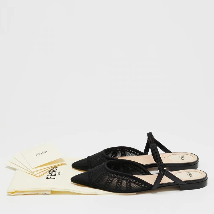 Pre Owned Fendi Black Mesh Colibri Lite Flat Mules Size 36.5