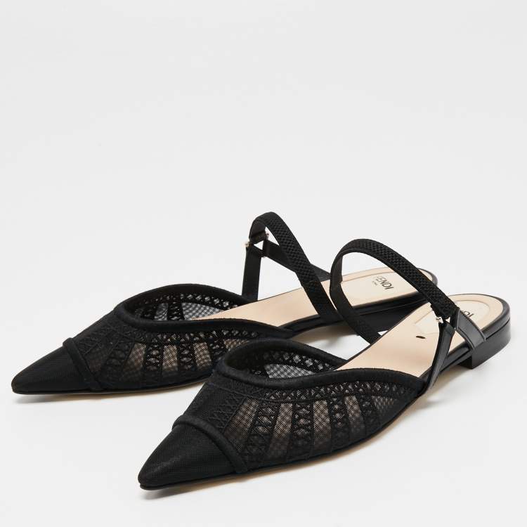 Pre Owned Fendi Black Mesh Colibri Lite Flat Mules Size 36.5