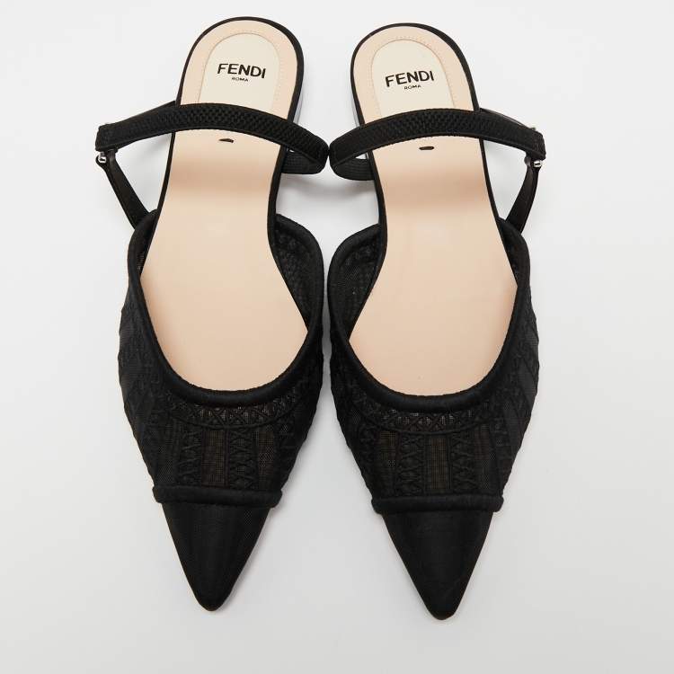 Pre Owned Fendi Black Mesh Colibri Lite Flat Mules Size 36.5
