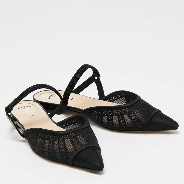Pre Owned Fendi Black Mesh Colibri Lite Flat Mules Size 36.5
