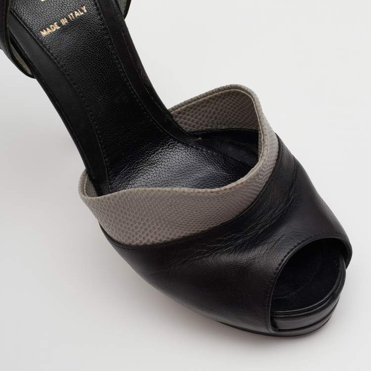 Pre Owned Fendi Black/Grey Lizard Embossed Leather Anemone Peep-Toe Pumps Size 38