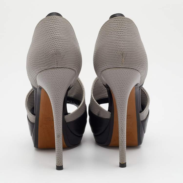 Pre Owned Fendi Black/Grey Lizard Embossed Leather Anemone Peep-Toe Pumps Size 38