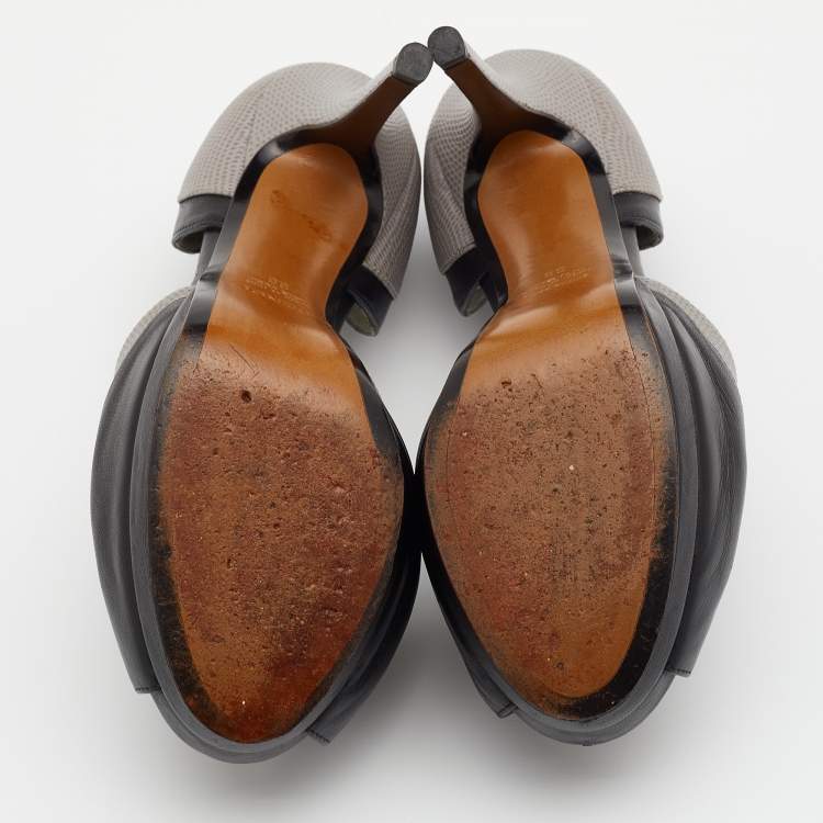 Pre Owned Fendi Black/Grey Lizard Embossed Leather Anemone Peep-Toe Pumps Size 38