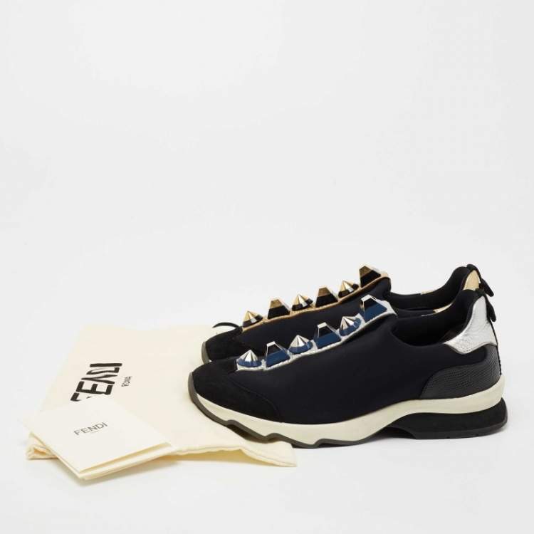 Pre Owned Fendi Black Neoprene, Suede and Leather Studded Slip On Sneakers Size 37