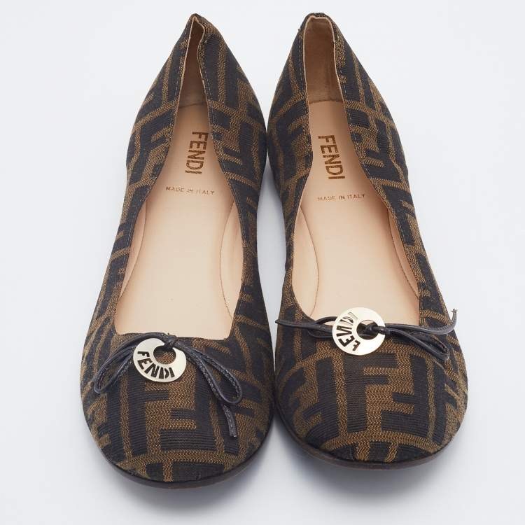 Pre Owned Fendi Tobacco Zucca Canvas Bow Ballet Flats Size 40