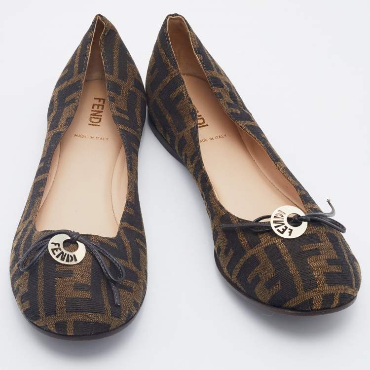 Pre Owned Fendi Tobacco Zucca Canvas Bow Ballet Flats Size 40