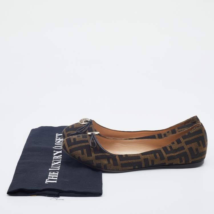 Pre Owned Fendi Tobacco Zucca Canvas Bow Ballet Flats Size 40