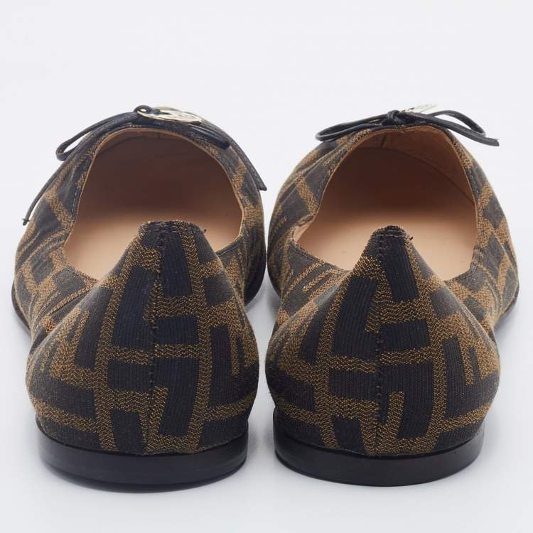 Pre Owned Fendi Tobacco Zucca Canvas Bow Ballet Flats Size 40