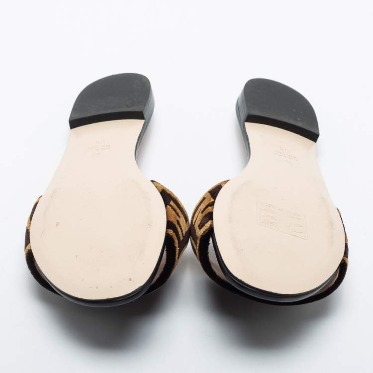 Pre Owned Fendi Tobacco Zucca Velvet Flat Slide Sandals Size 38