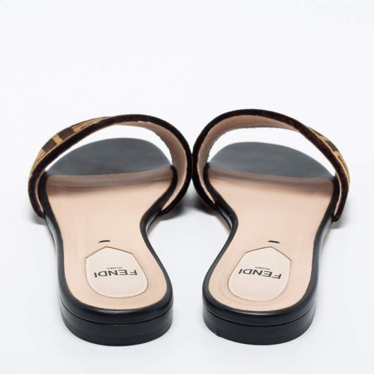 Pre Owned Fendi Tobacco Zucca Velvet Flat Slide Sandals Size 38