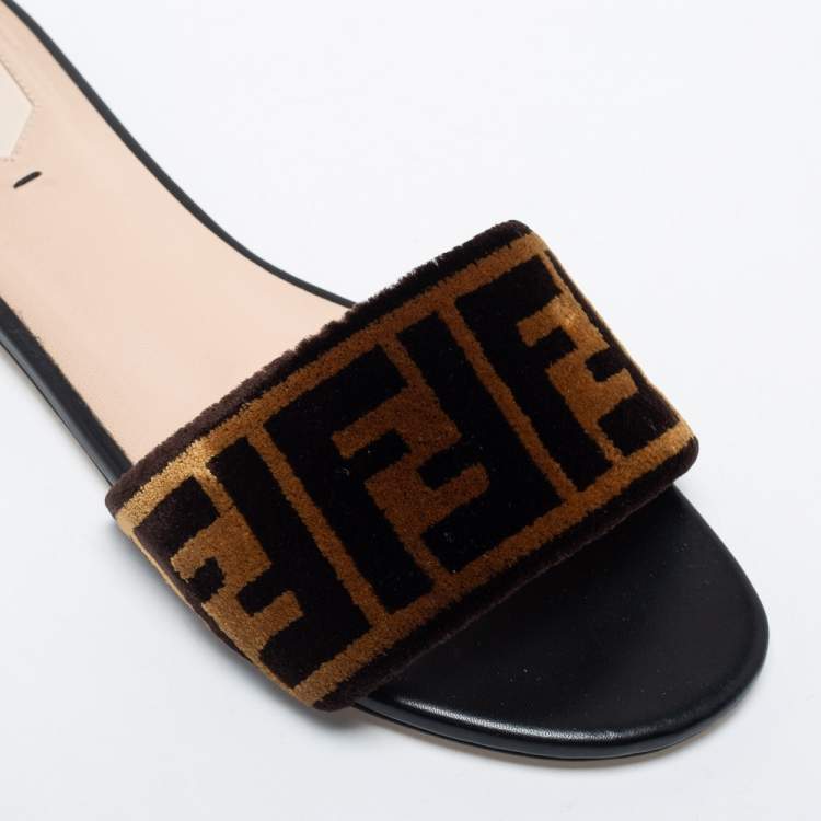 Pre Owned Fendi Tobacco Zucca Velvet Flat Slide Sandals Size 38