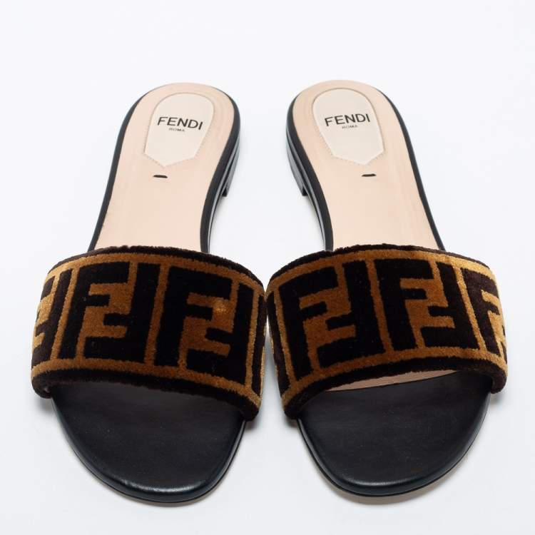 Pre Owned Fendi Tobacco Zucca Velvet Flat Slide Sandals Size 38