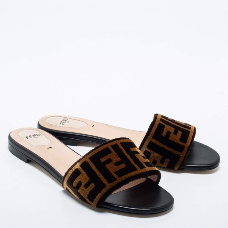 Pre Owned Fendi Tobacco Zucca Velvet Flat Slide Sandals Size 38
