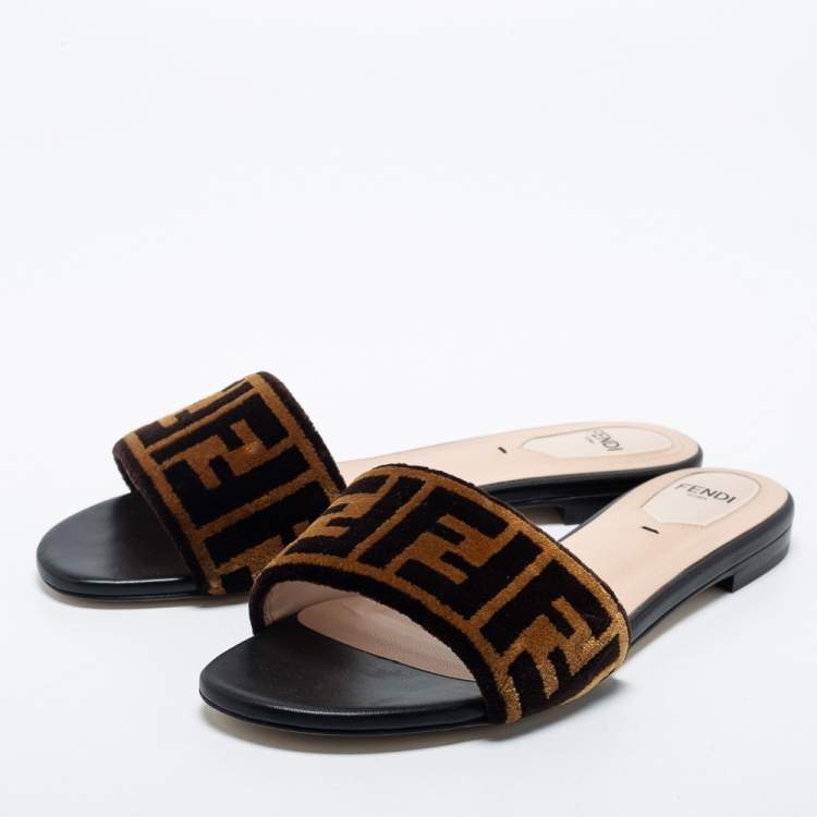 Pre Owned Fendi Tobacco Zucca Velvet Flat Slide Sandals Size 38