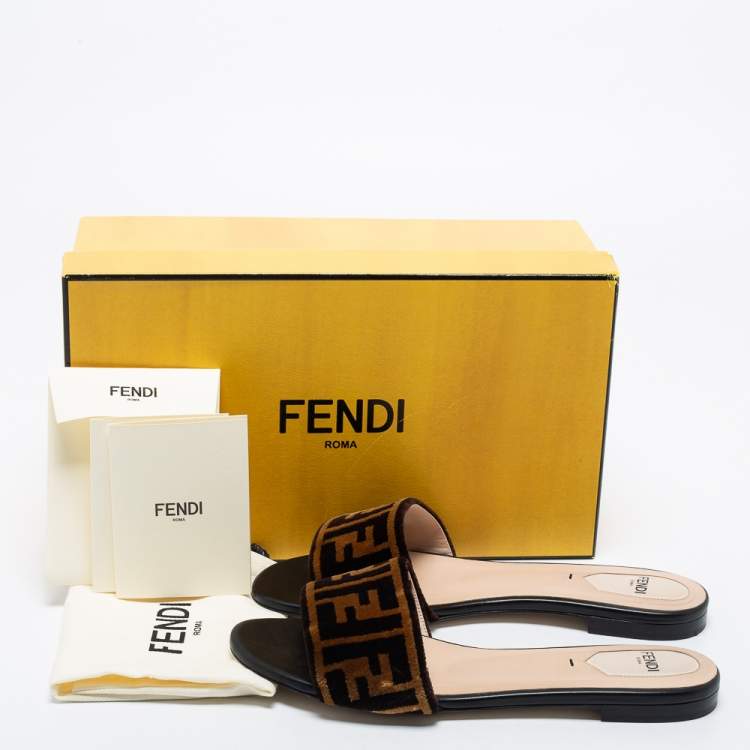 Pre Owned Fendi Tobacco Zucca Velvet Flat Slide Sandals Size 38
