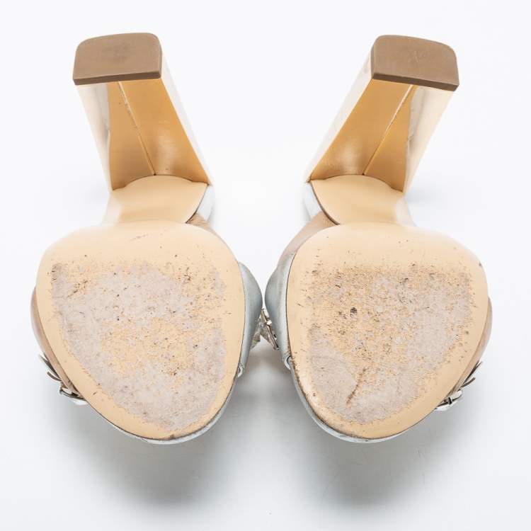 مملوكة مسبقًا Fendi Silver/Gold Leather Cross Strap Flowerland Slide Sandals Size 36