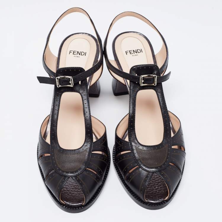 Pre Owned Fendi Black Leather Chameleon Ankle Strap Sandals Size 37.5