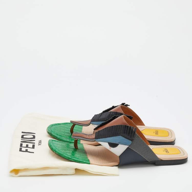 Pre Owned Fendi Multicolor Bugs Paneled Leather Thong Flat Sandals Size 41