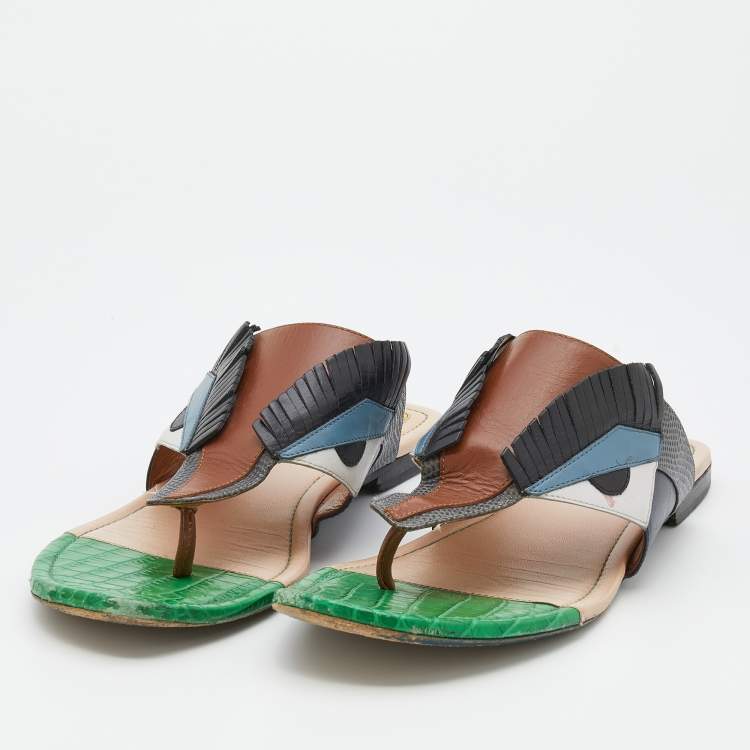 Pre Owned Fendi Multicolor Bugs Paneled Leather Thong Flat Sandals Size 41