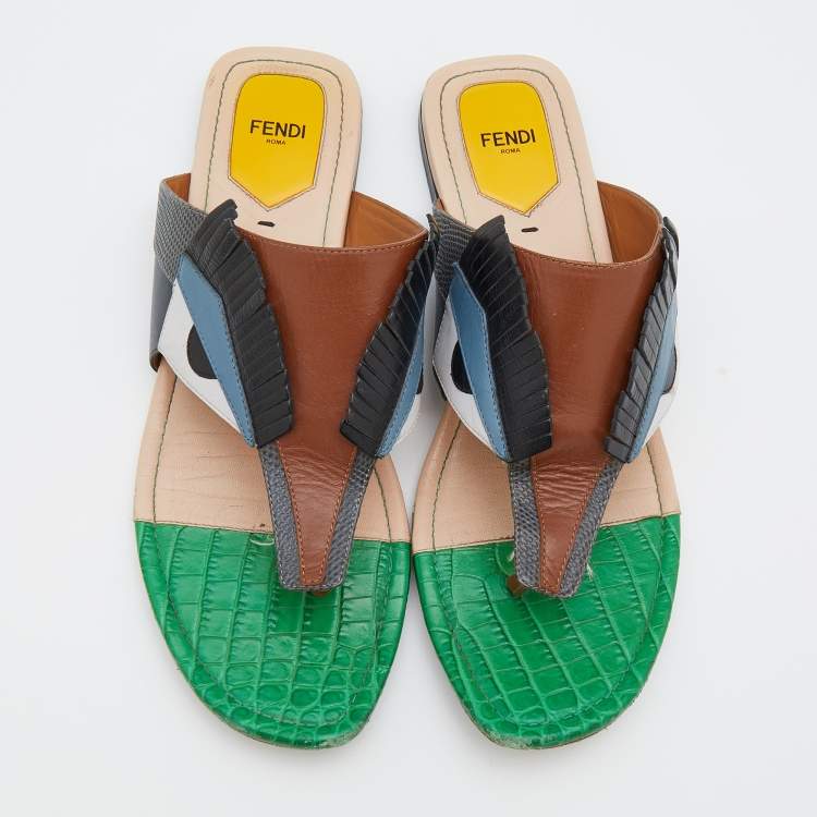 Pre Owned Fendi Multicolor Bugs Paneled Leather Thong Flat Sandals Size 41
