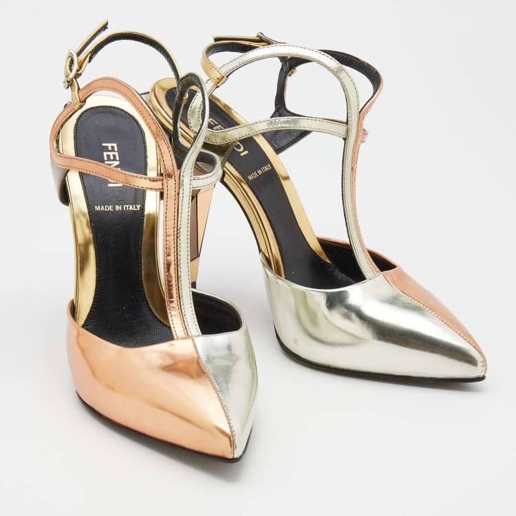 Pre Owned Fendi Metallic Tri-Color Leather Pointed Toe Ankle Strap Pumps Size 36